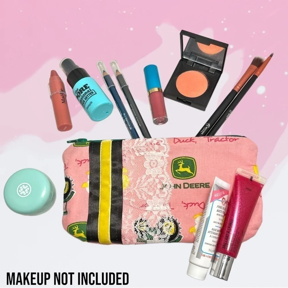 Waterproof Make Up Bag- Pink John Deere w/ Lace